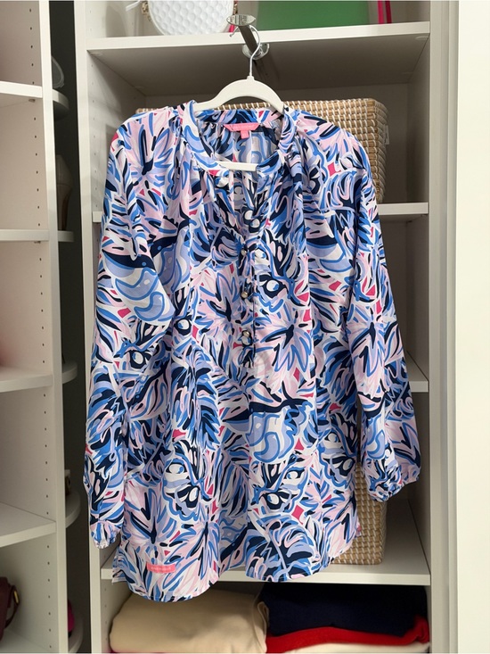 Simply Southern Tops - Simply Southern XL Blue Pink Tropical Print Tunic Blouse Long Sleeve